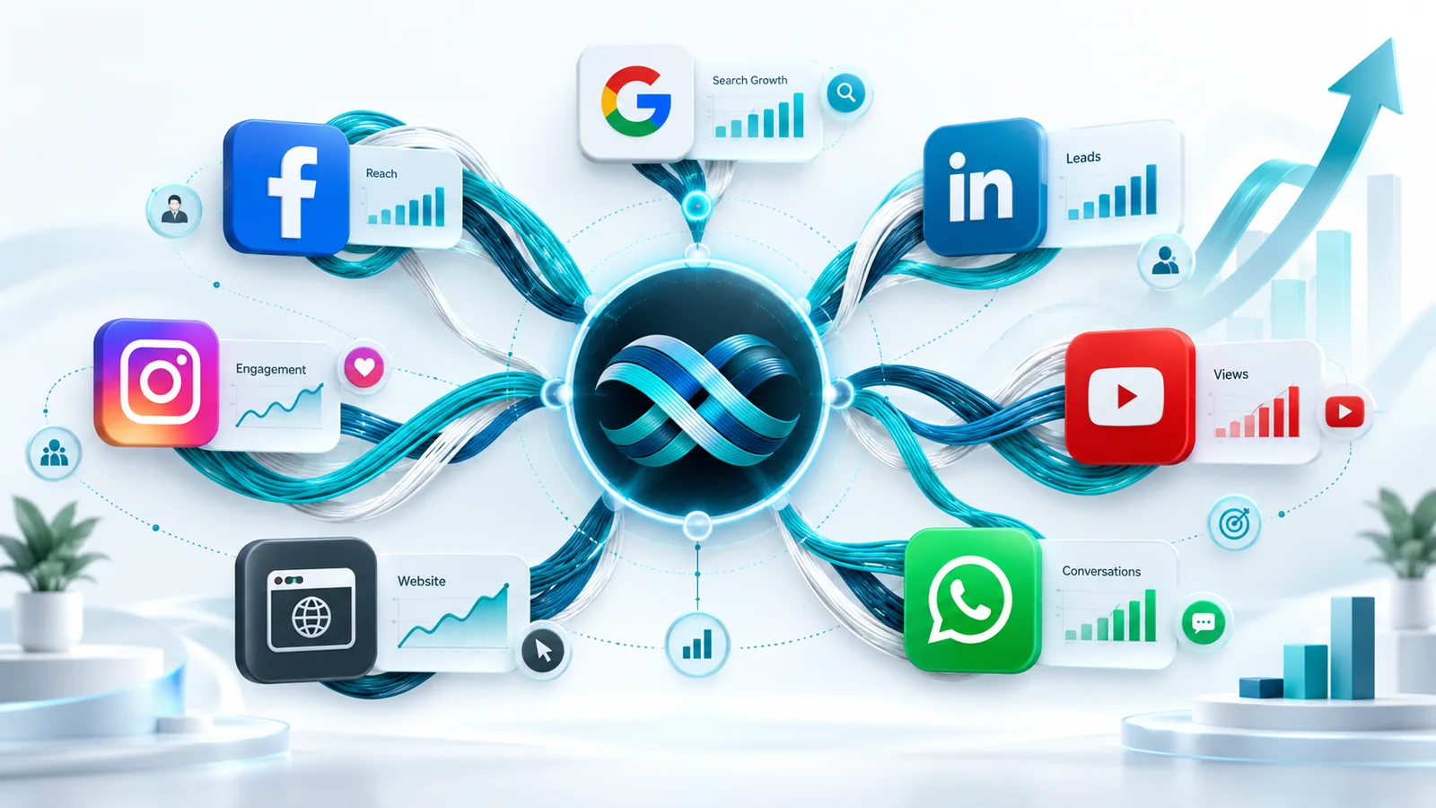 Digital marketing platforms interconnected through Thread Work Digital brand-coloured threads
